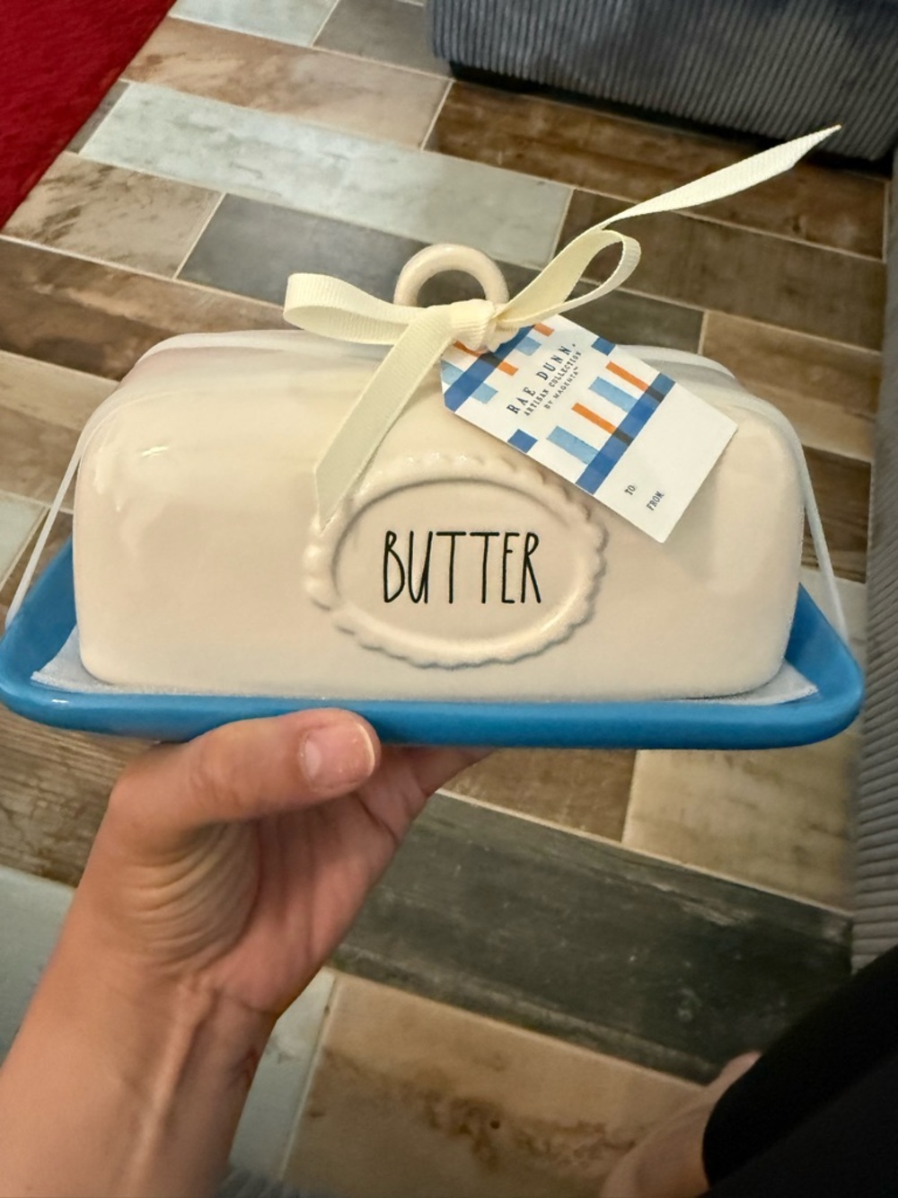 Rae Dunn Ceramic Butter Dish in White and Light Blue - Picture 8 of 8